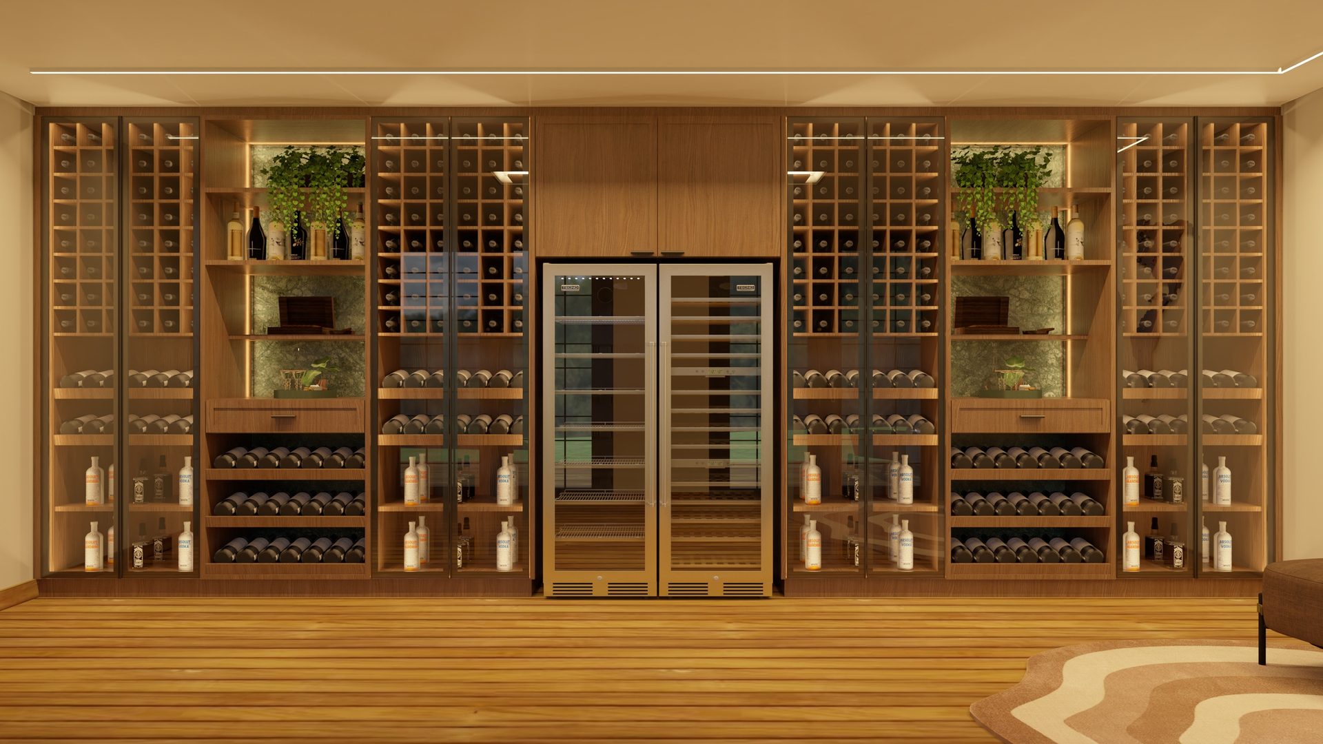 Wine bar com balcão e garrafas expostas em ambiente aconchegante