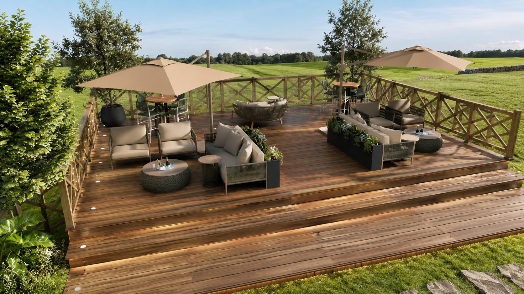 Deck de madeira com ombrelones e espreguiçadeiras de frente para o vale verde