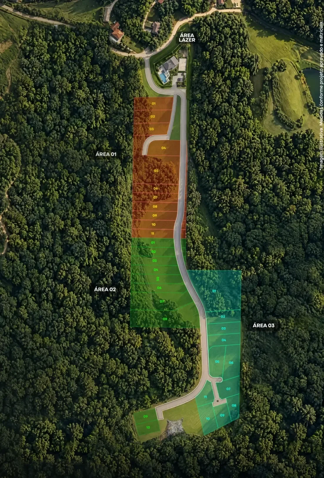 Vista aérea ilustrativa do loteamento Gran Reserva Residence com as três áreas de lotes